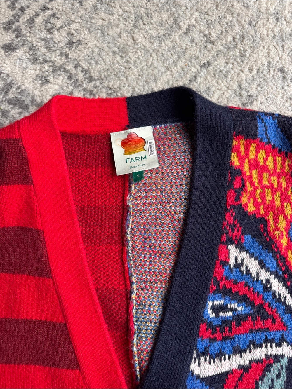 FARM Rio Forest Red, Navy & Blue Mixed-Pattern Knit Cardigan Sweater - Picture 4 of 4